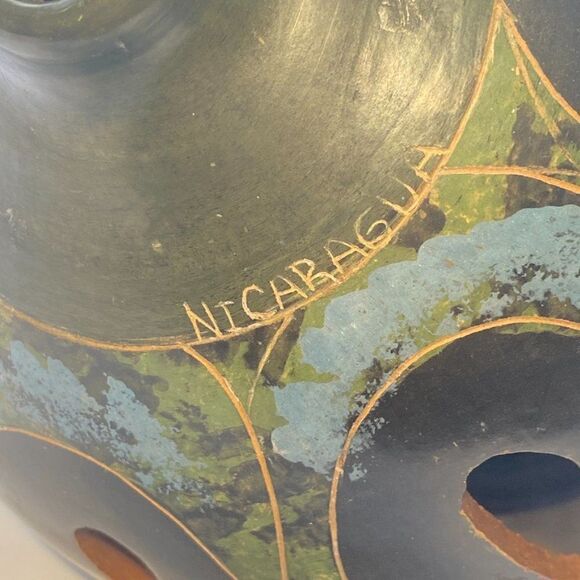 Vintage Green and Grey Nicaraguan Lattice Pierced Pottery Luminary Candle - Picture 6 of 13